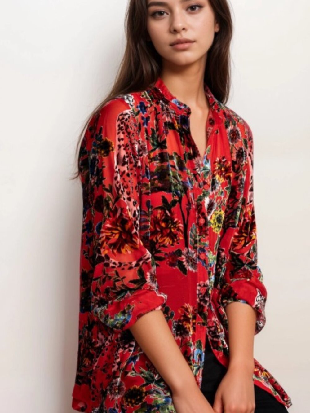 Johnny Was Yoella Silk Blend Burnout Velvet 2Pc Tunic Blouse Red XS NWT